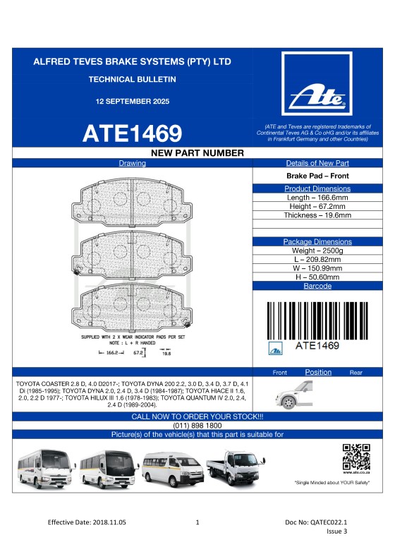 ATE1469 NEW! BRAKE PAD FOR TOYOTA COASTER; TOYOTA DYNA; TOYOTA HIACE II; TOYOTA HILUX III; TOYOTA QUANTUM IV. featured image